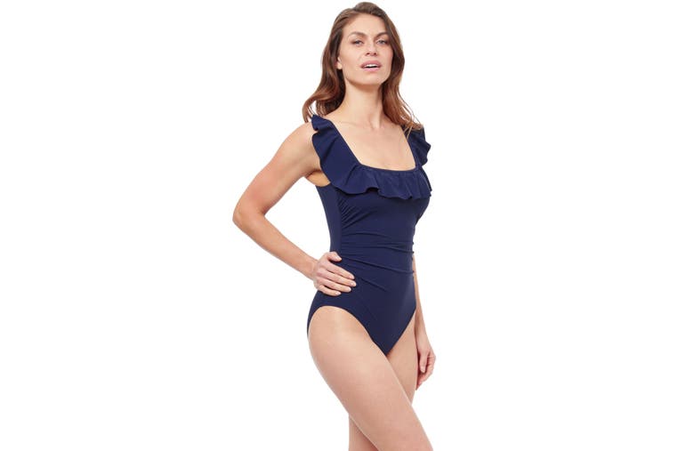 Shop Profile By Gottex Tutti Frutti Square Neck Ruffle One Piece In Navy