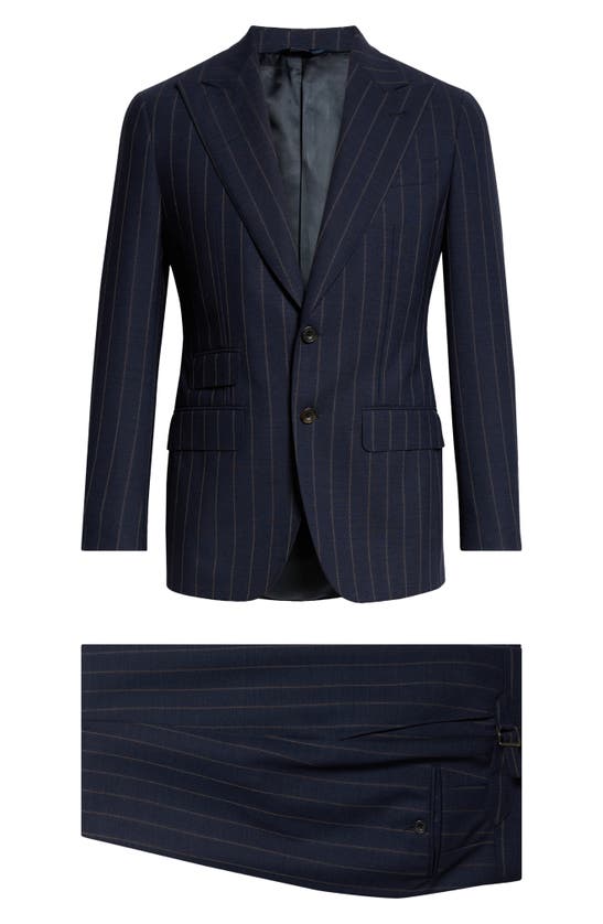 Shop Thom Sweeney Pinstripe Structured Wool Suit In Navy Brown Stripe