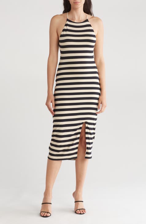 Stripe Side Slit Knit Midi Dress