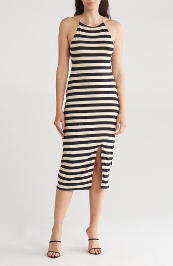 Shop Rachel Parcell Stripe Side Slit Knit Midi Dress In Beige/black Stripe