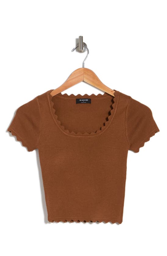 Blu Pepper Scallop Edge Short Sleeve Sweater In Brown