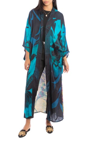 Saachi Abstract Floral Polychromatic Longline Duster In Blue