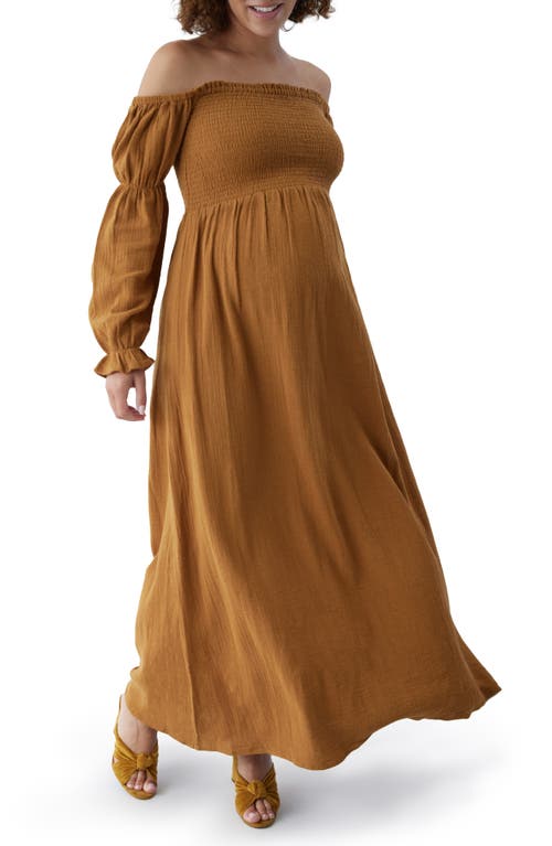 Ingrid & Isabel the Dream Off Shoulder Long Sleeve Cotton Maternity Midi Dress Golden Brown at Nordstrom,