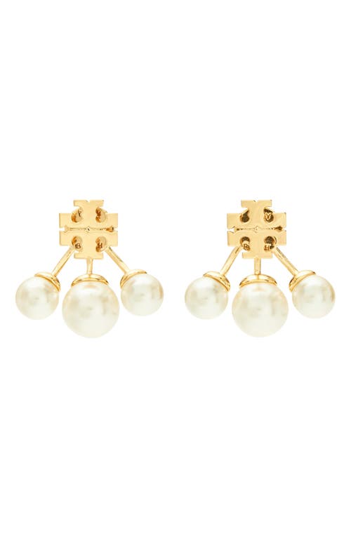 Shop Tory Burch Kira Imitation Pearl Front/back Earrings In Tory Gold/cream