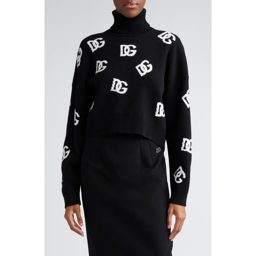 Dolce & Gabbana Dolce&gabbana Logo Intarsia Crop Virgin Wool Turtleneck Sweater In Nero/bianco