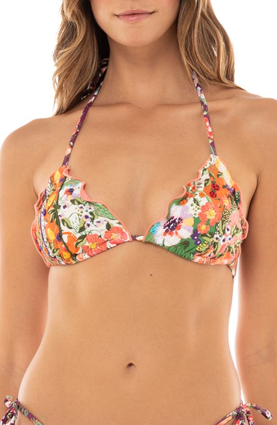 Shop Agua Bendita Lolita Seed Hand Embroidered Triangle Bikini Top In Coral Multi