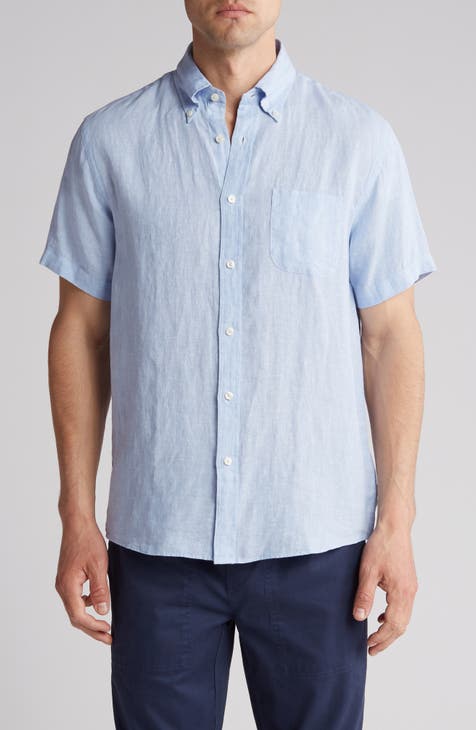 Lucky Brand Men's Short Sleeve Linen Button Up Shirt, Blue Depths