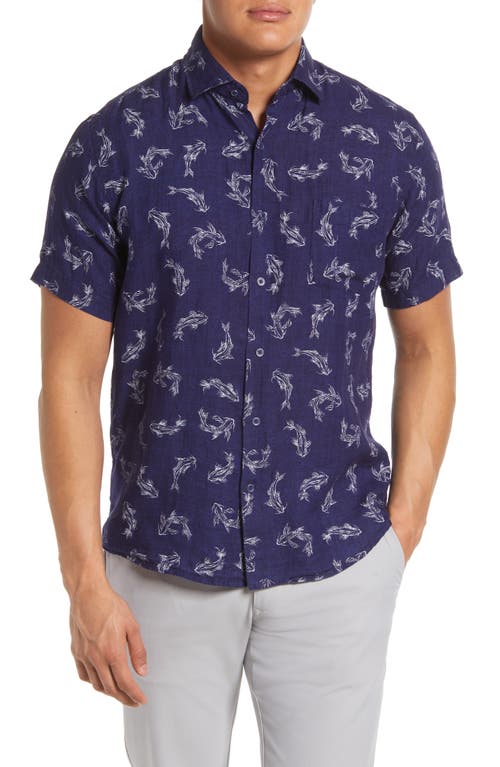 Peter Millar Secret Cove Linen Short Sleeve Button-Up Shirt in Atlantic Blue