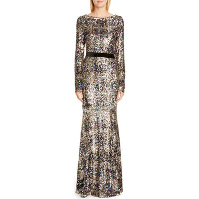 Talbot Runhof Patina Sequin Plaid Long Sleeve Gown, Metallic