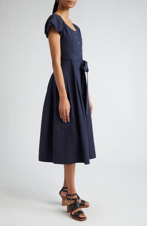 Ulla Johnson Rhea Puff-sleeve Belted Midi Poplin Dress In Midnight