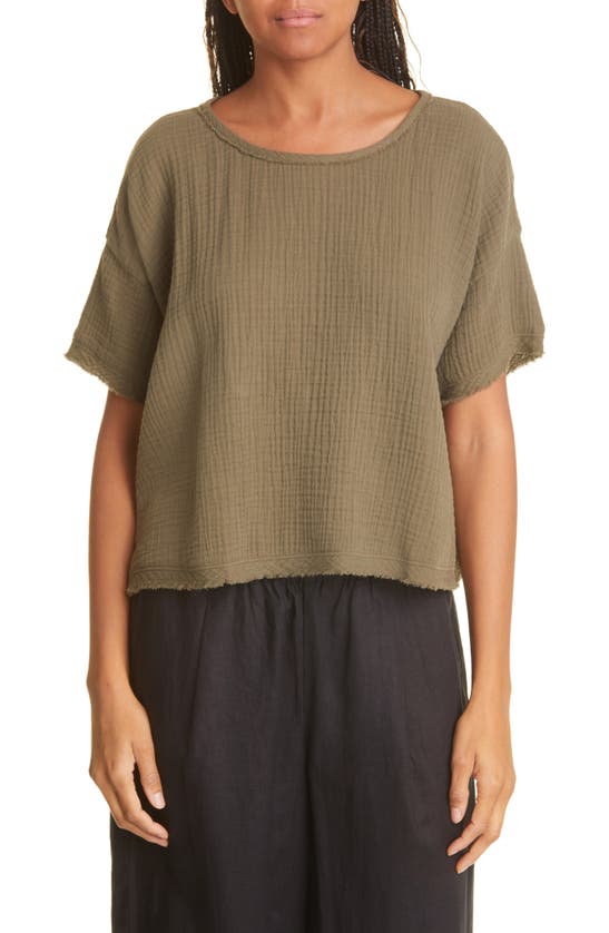 Eileen Fisher Ballet Neck Organic Cotton Boxy Top In Olive