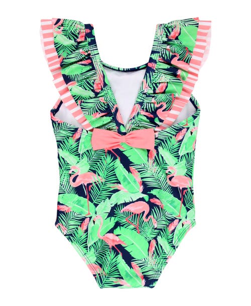 Shop Rufflebutts Girls V-back Upf50+ One Piece In Flamingo Frenzy