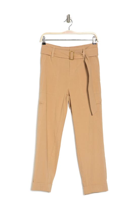 Vince Belted Linen Blend Ankle Pants In Pale Walnut