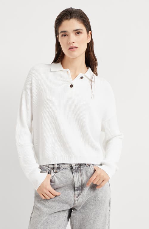 Shop Brunello Cucinelli Cotton English Rib Polo-style Sweater With Monili In White