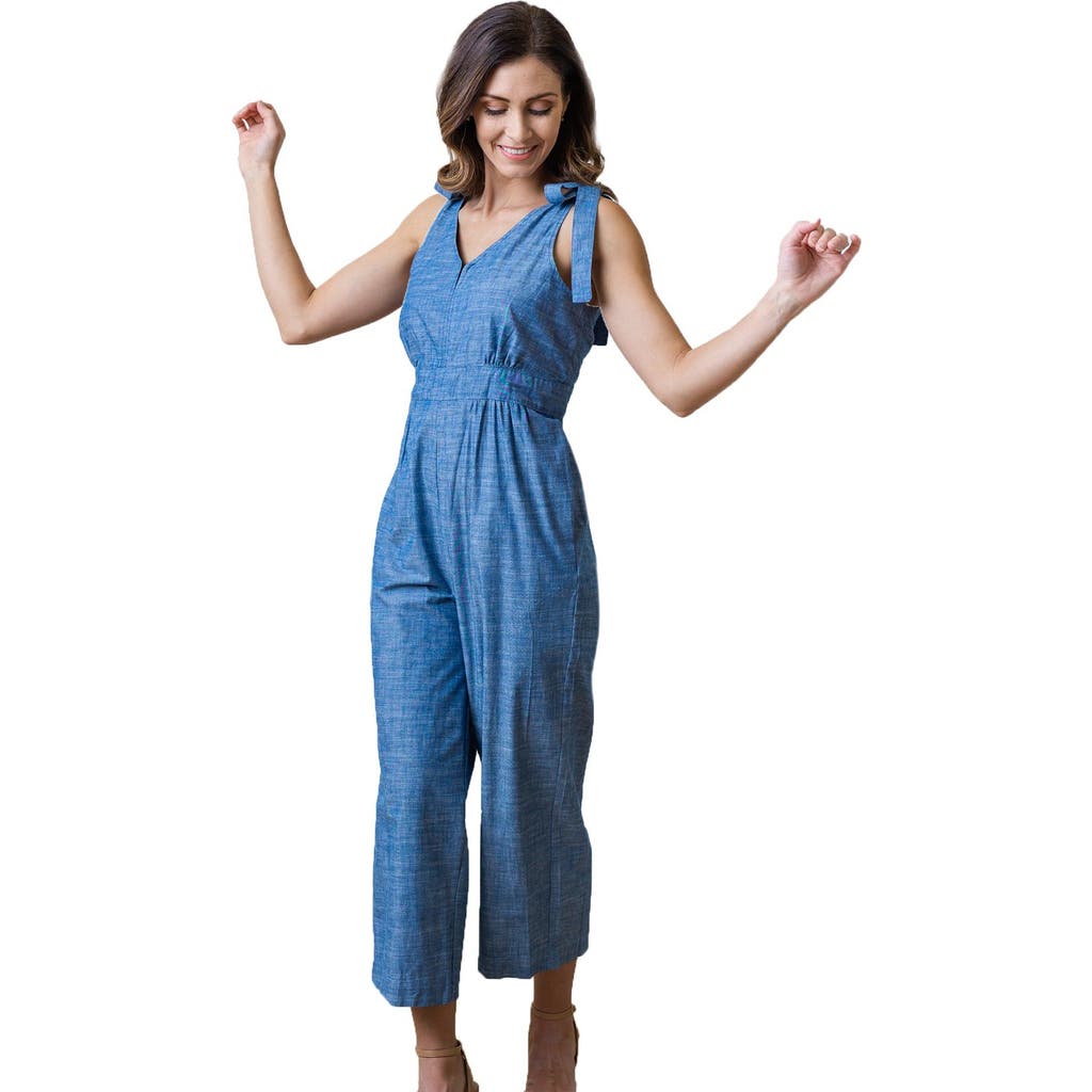 Hope & Henry Sleeveless Bow Shoulder Jumpsuit In Blue Chambray