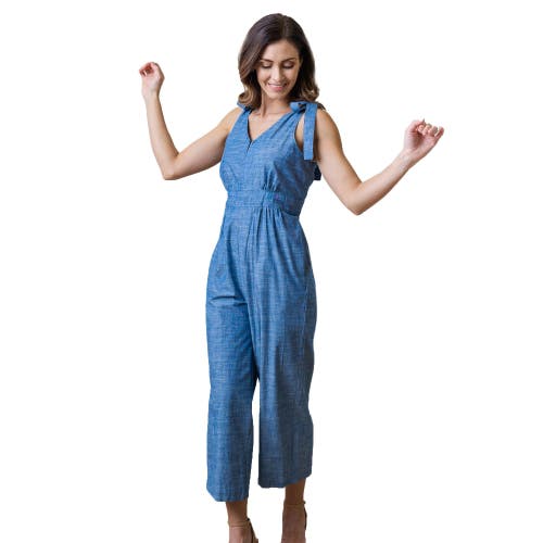 Hope & Henry Women's Sleeveless Bow Shoulder Jumpsuit Blue Chambray at Nordstrom,
