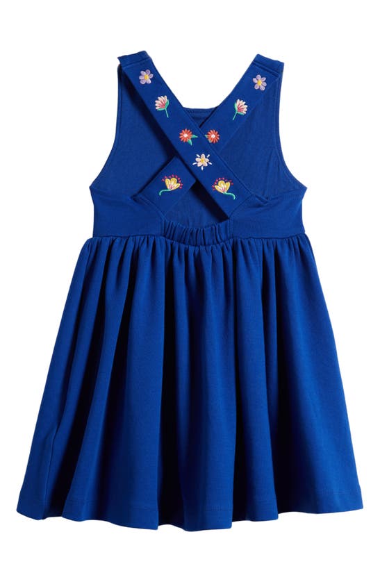 Shop Mini Boden Kids' Embroidered Cotton Crossback Tank Dress In Sapphire Blue Embroidery