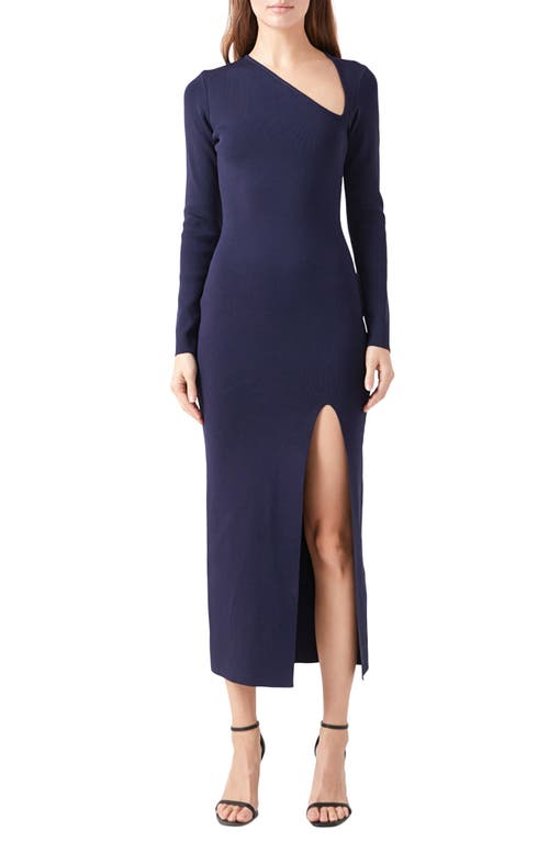 Endless Rose Asymmetric Neck Long Sleeve Sweater Dress In Navy