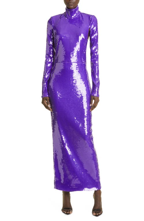 Sequin Mock Neck Long Sleeve Cutout Column Gown in Grape