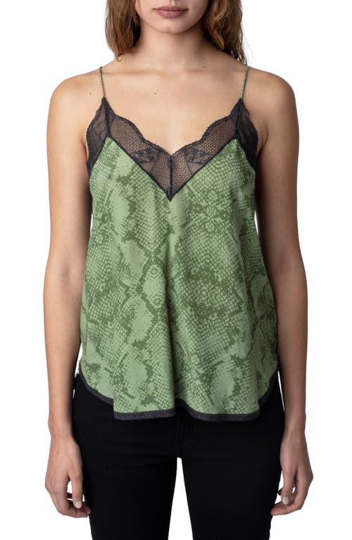 Zadig & Voltaire Christy Python Print Lace Edge Camisole in Kaki