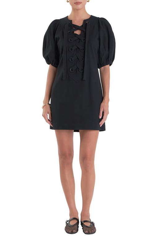 ENGLISH FACTORY ENGLISH FACTORY LACE-UP FRONT PUFF SLEEVE MINIDRESS