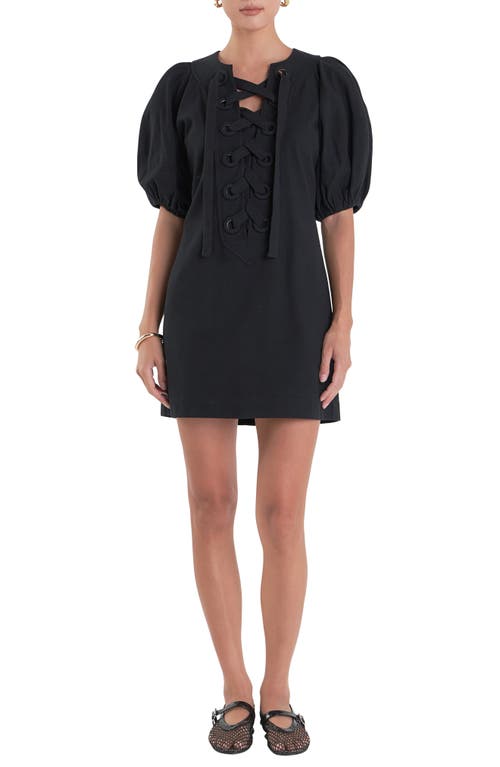 ENGLISH FACTORY ENGLISH FACTORY LACE-UP FRONT PUFF SLEEVE MINIDRESS 