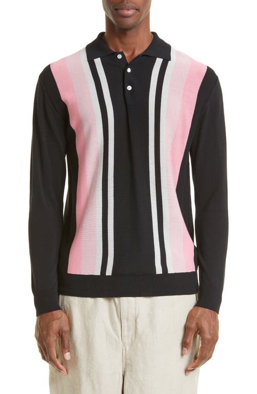 BEAMS Stripe Long Sleeve Polo Sweater in Black 19