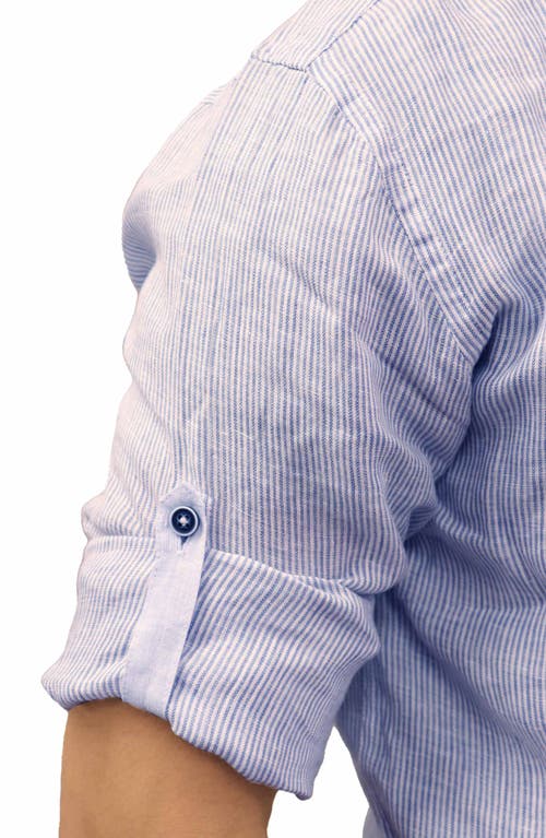 Lorenzo Uomo Striped Linen Trim Fit Dress Shirt In White/blue