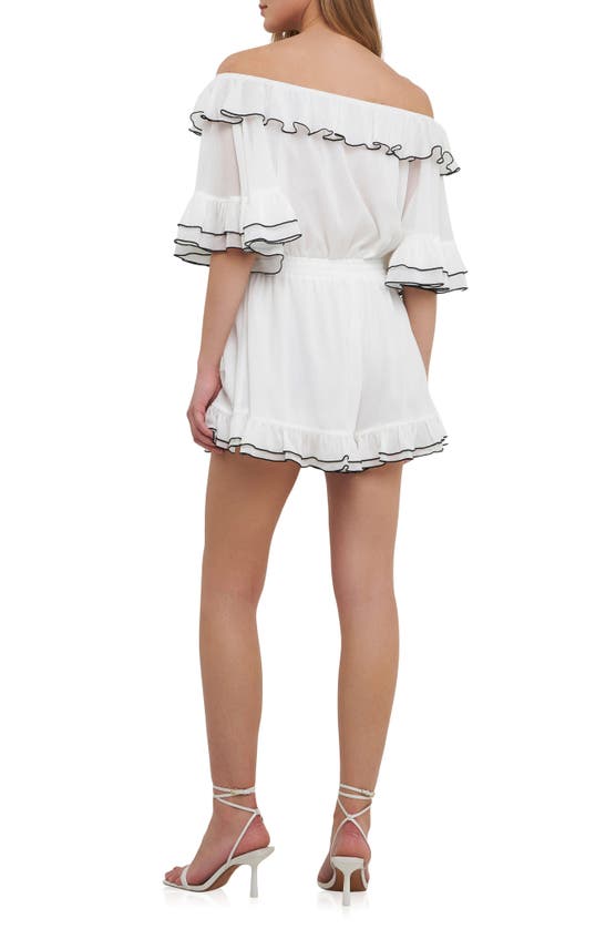 Shop Endless Rose Contrast Edge Off The Shoulder Romper In White/ Black