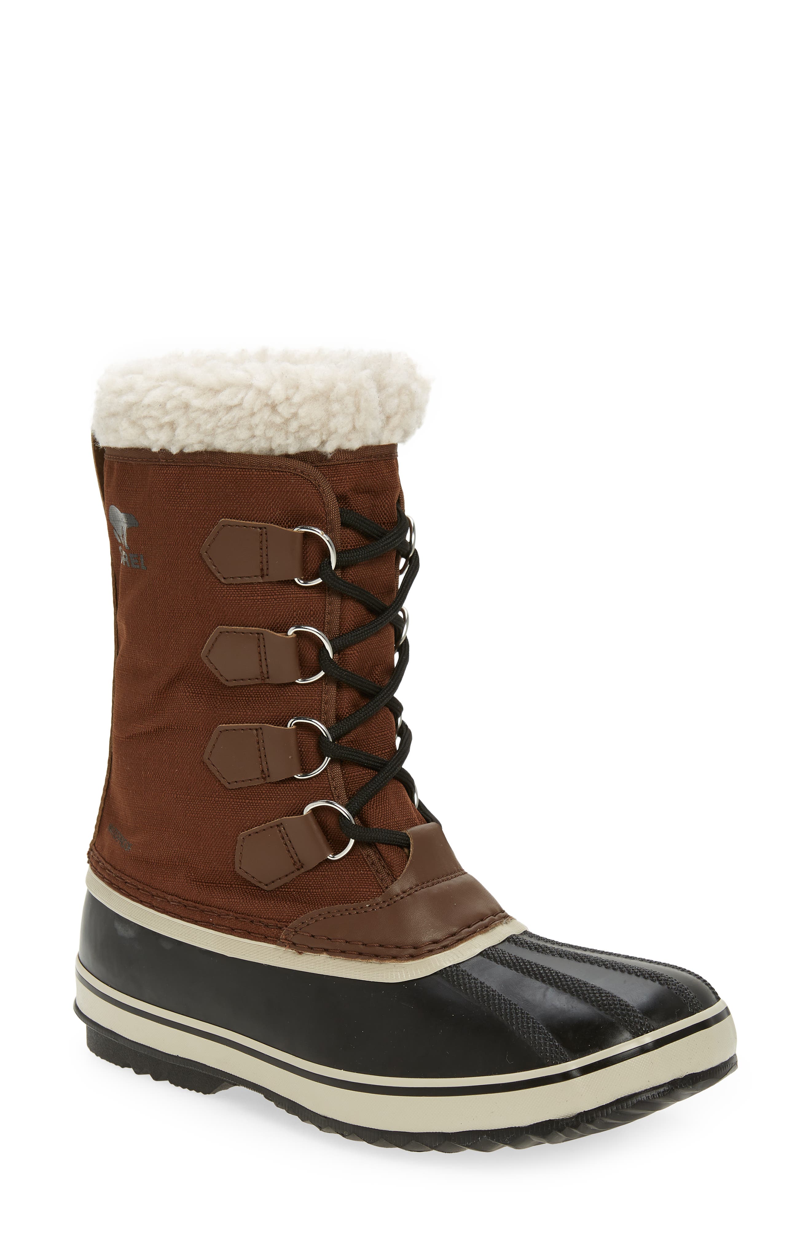 Size 14 SOREL 1964 Pac Faux Shearling Trim Waterproof Snow Boot in Dark Brown/Black at Nordstrom,