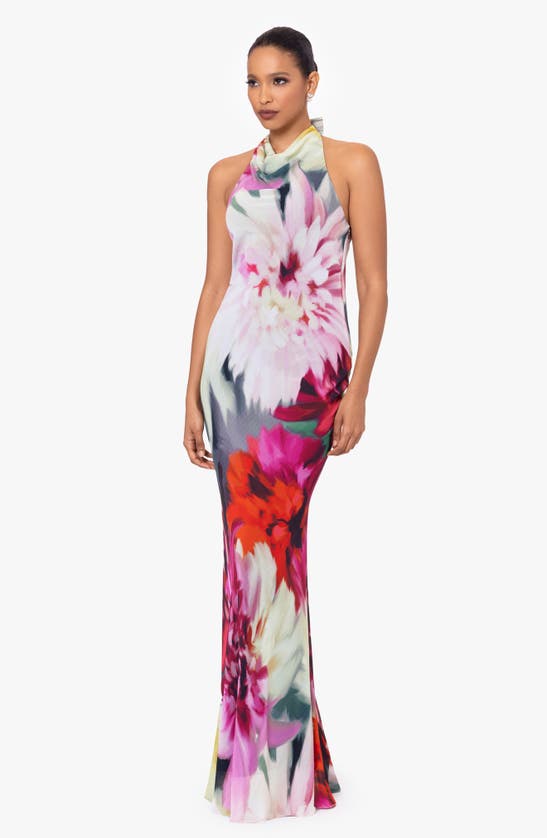 Betsy & Adam Floral Halter Gown In Fuchsia/ Blush