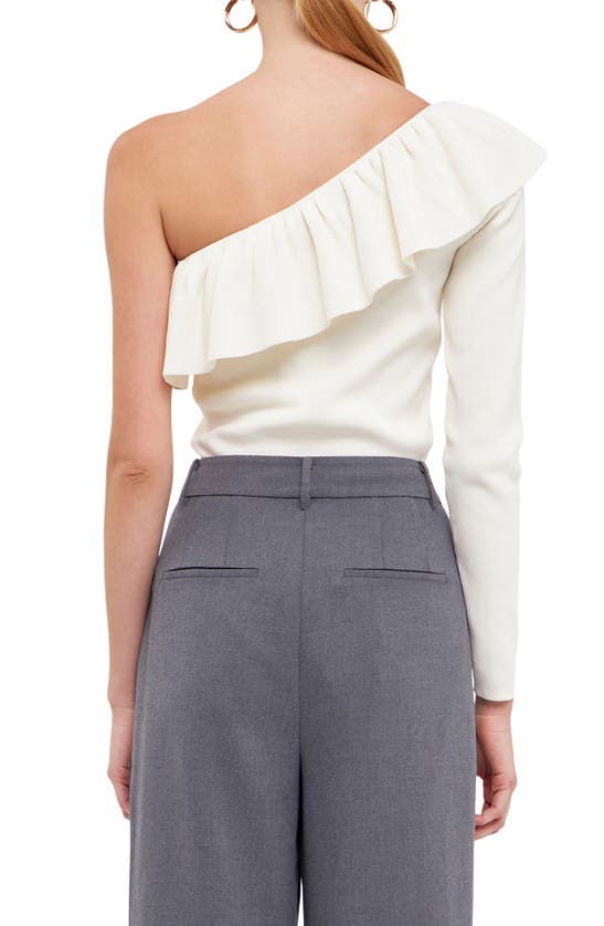 Endless Rose One-shoulder Ruffle Rib Knit Top In White