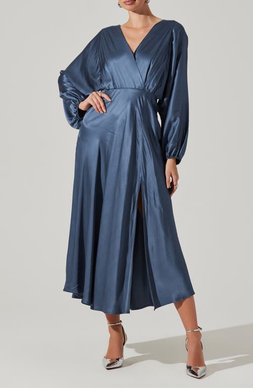 Shop Astr The Label Kimiko Long Sleeve Faux Wrap Dress In Slate Blue