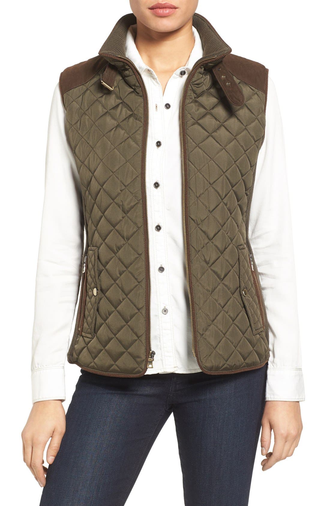 Gallery Quilted Vest with Faux Suede Trim (Regular & Petite) Nordstrom
