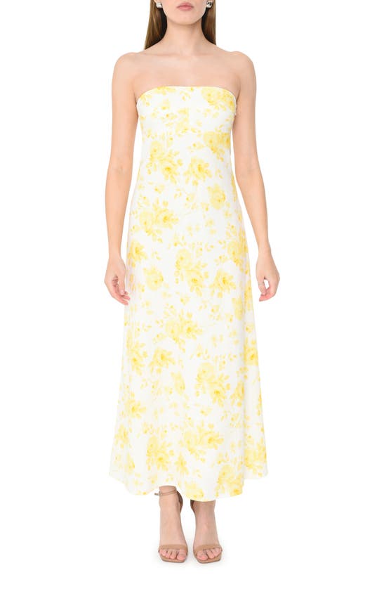 Shop Wayf All Yours Strapless Linen Blend Maxi Dress In Yellow Roses