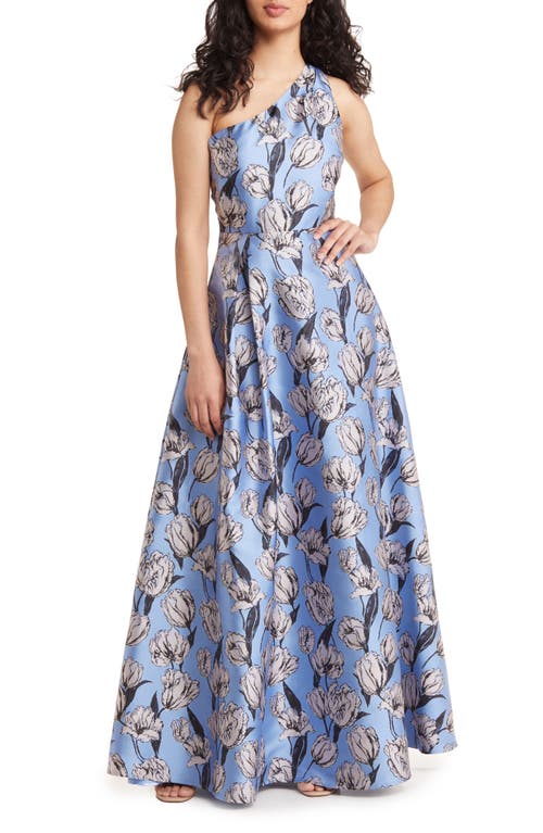Exquisite Elegance Floral Jacquard One-Shoulder A-Line Gown in Blue Jacquard