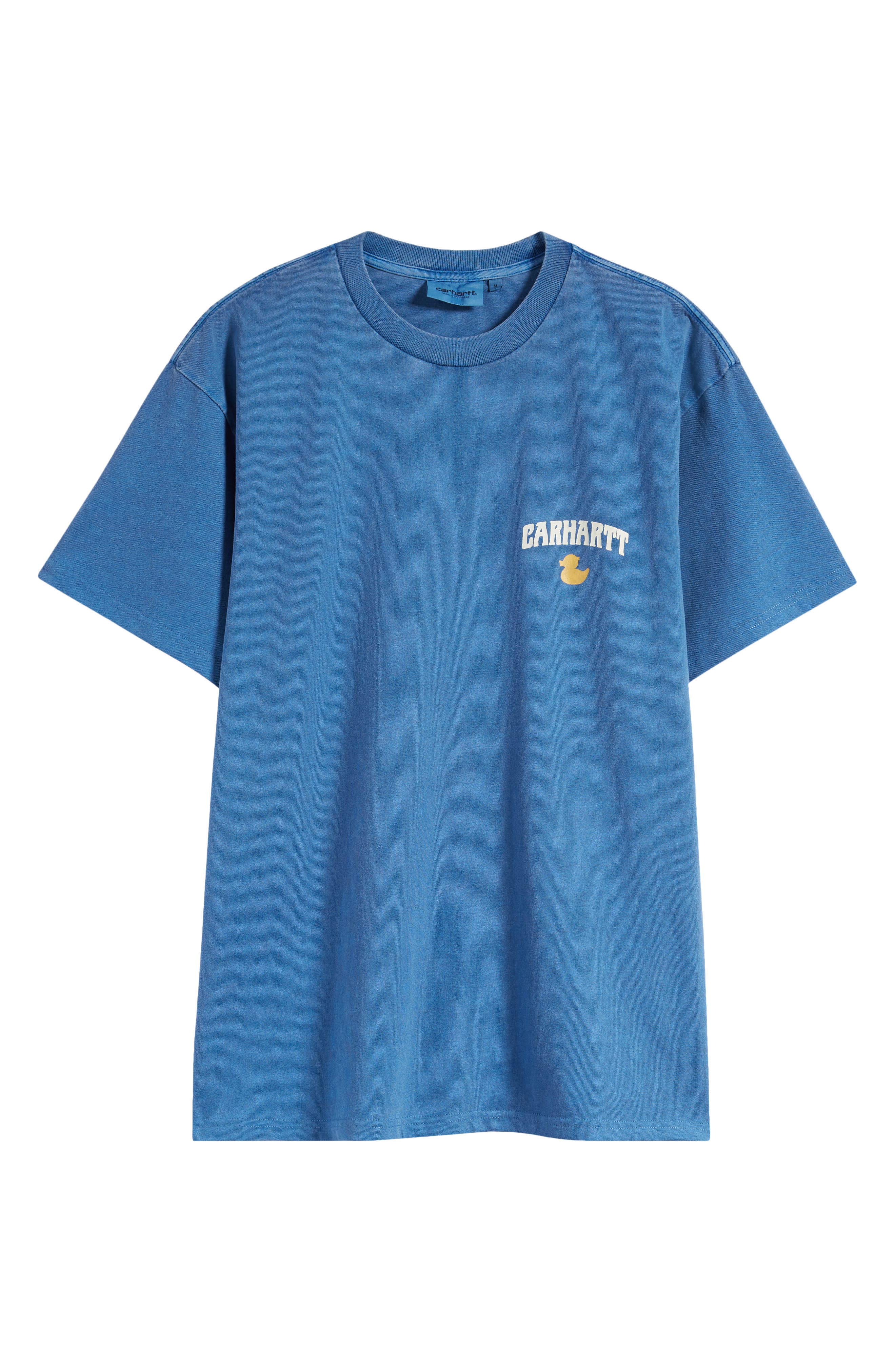 white and dark blue graphic tee