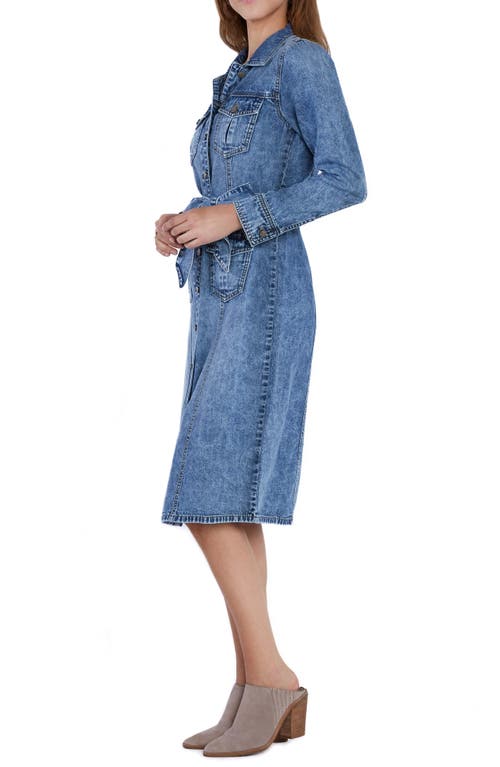 Wash Lab Denim Mabel Retro Tie Belt Long Sleeve Denim Midi Shirtdress In Clear Blue