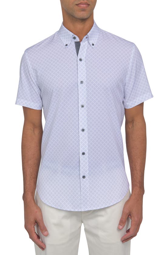 Construct Slim Fit Geometric Four-way Stretch Performance Short Sleeve Button-down Shirt In White