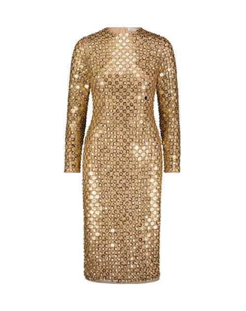 Shop Mac Duggal Beaded Georgette Long Sleeve Fitted Midi Dress In Antique Gold