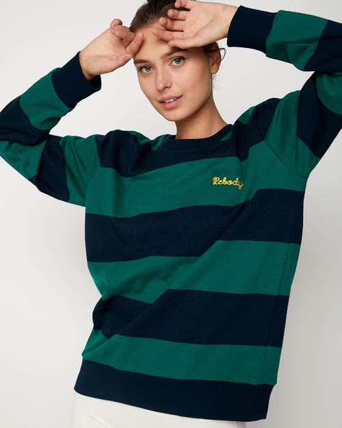 Rebody Active Embroidered Rebody Rugby Striped Sweatshirt Sustainable In Navy/green