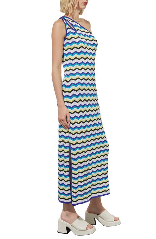 Shop Ming Wang One-shoulder Chevron Stitch Maxi Sweater Dress In Grey/bering/saphire