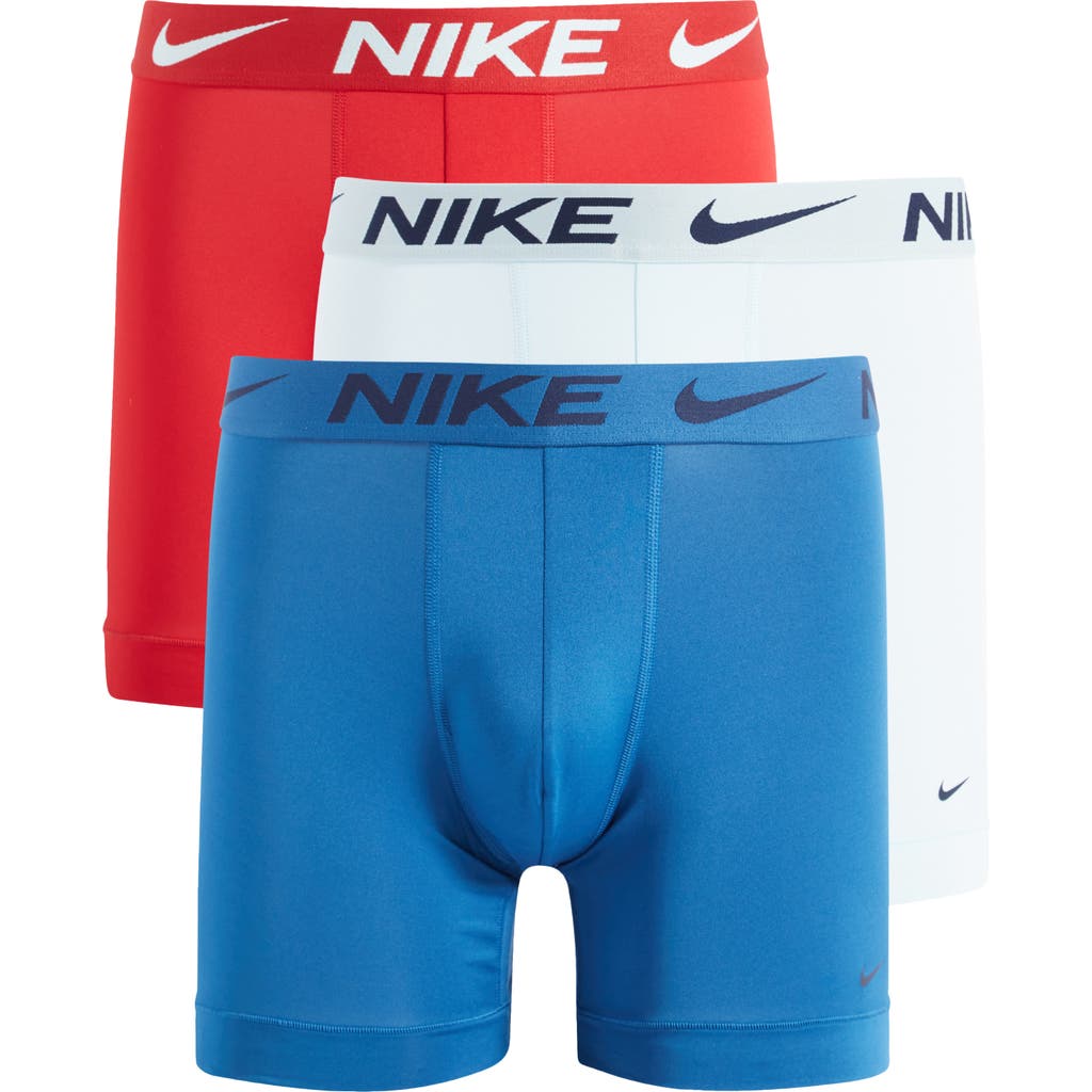 Nike 3-pack Dri-fit Essential Micro Boxer Briefs In Glacier Blue/blue/gym Red