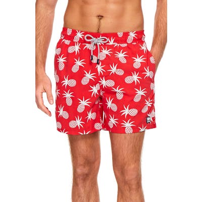 Tom & Teddy Pineapple Print Swim Trunks, Red