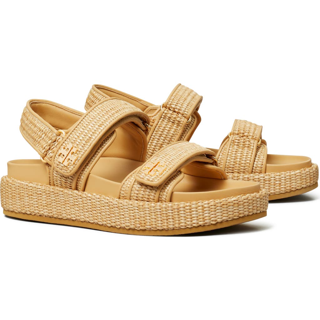 Tory Burch Raffia Kira Open Toe Textured Sole Sandals In Natural Raffia