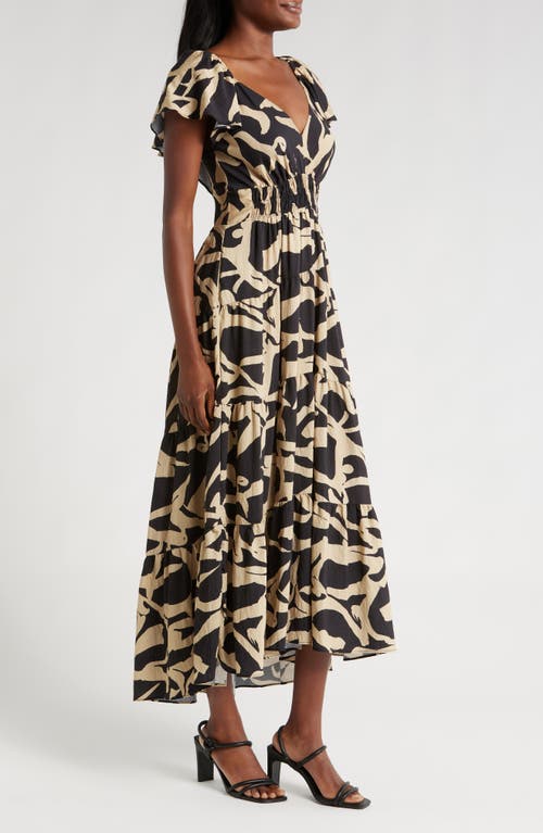 Melloday Printed Shirred Waist Tiered Maxi Sundress In Black/taupe Print