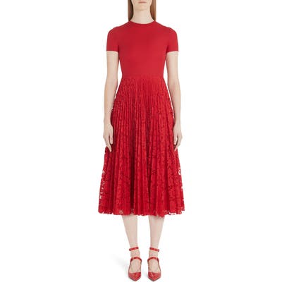 Valentino Pleated Lace Midi Dress, US / 44 IT - Red