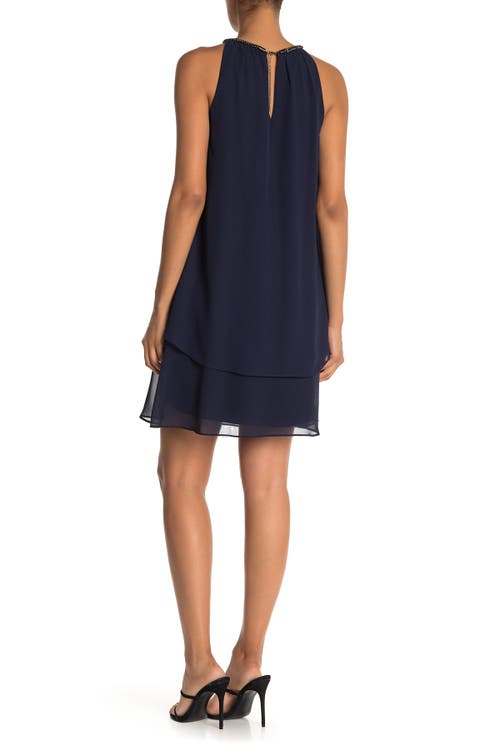 Shop Slny Embellished Neck Chiffon Ruffle Dress In Navy