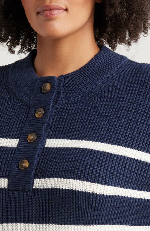 Shop Caslonr Caslon(r) Half Button Pima Cotton Blend Sweater In Navy- Ivory Renee Stripe