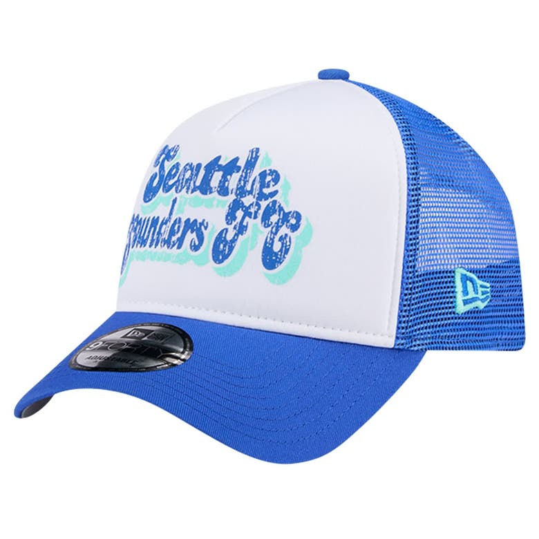 Shop New Era White/blue Seattle Sounders Fc Throwback A-frame Trucker 9forty Snapback Hat